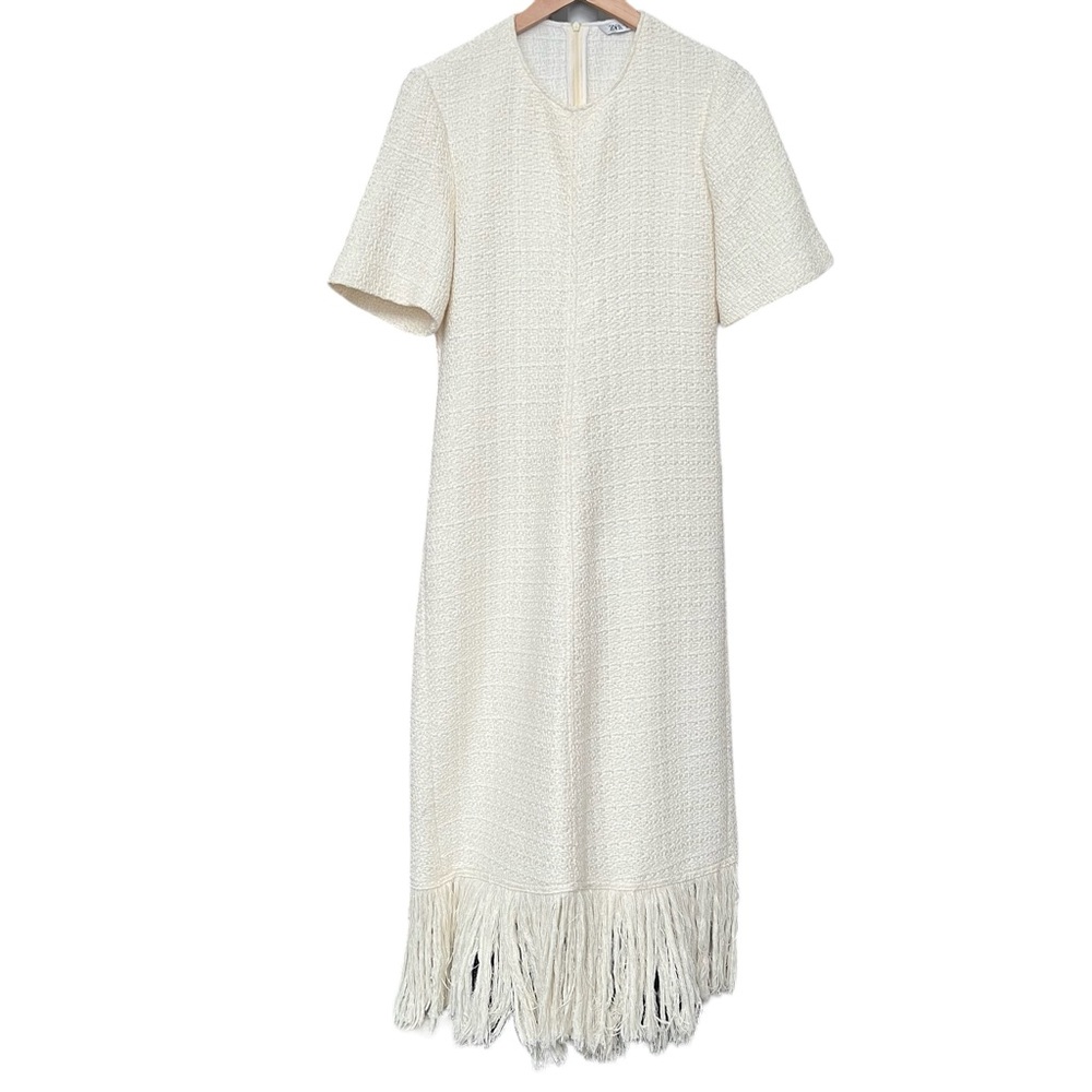 Zara L Maxi Off White Ivory Textured Weave Tweed Fringe Dress Blogger favorite - Picture 3 of 16